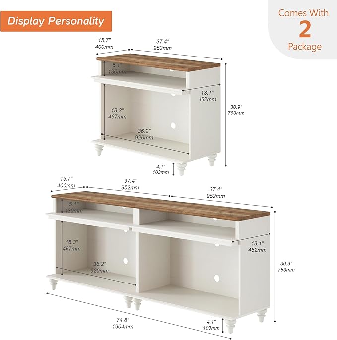 WAMPAT Farmhouse TV Stand for 75 inch TV, Wood Universal TV Stand with Storage Shelfves, Highboy Entertainment Center TV Console Table, White