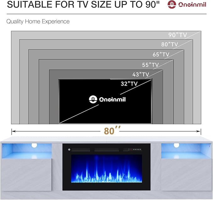 oneinmil 80” TV Stand with 36” Electric Fireplace, Large Modern Media Entertainment Center with Storage Cabinet and 12 Colors LED Lights for TVs Up to 90", Gray TV Stand and Black Fireplace