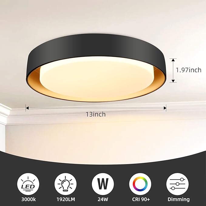 Hlite 13 inch Ceiling Light Fixture,Black LED Flush Mount Ceiling Light with Gold Inside,3000K/Warm White/24W,Dimmable 1920LM Indoor Room Decorative Modern Ceiling Lights for Bedroom Kitchen(1 Pack)