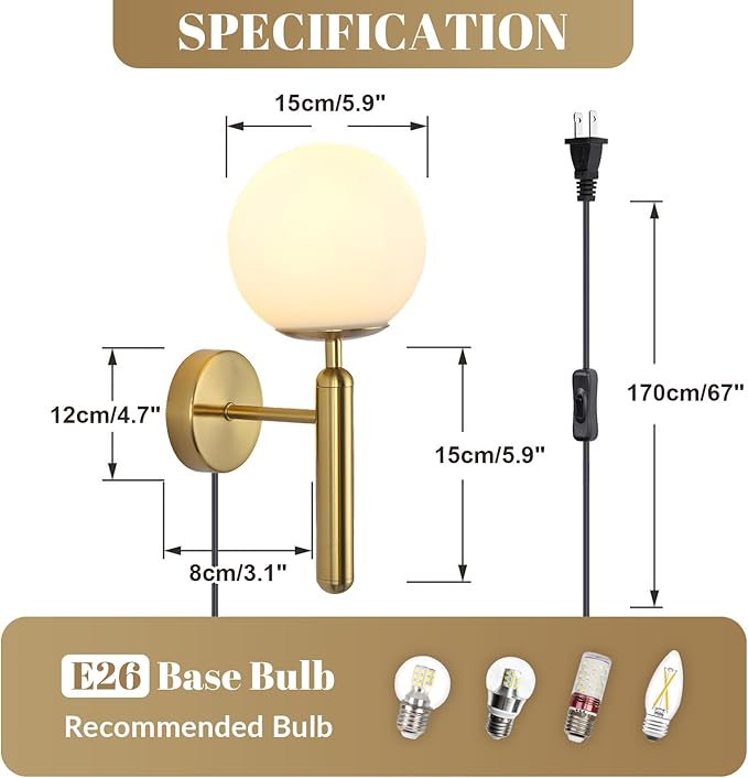 Modo Lighting Modern Plug in Wall Sconce Light Golden Wall Light Fixture with On/Off Toggle Switch Industrial Vintage Wall Lamp for Bedroom Bathroom Bedside E26 Base (Plug)