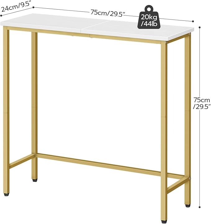 HOOBRO Narrow Console Table, 29.5" Small Entryway Table, Thin Sofa Table, Side Table, Display Table, for Hallway, Bedroom, Living Room, Foyer, White and Gold DW75XG01