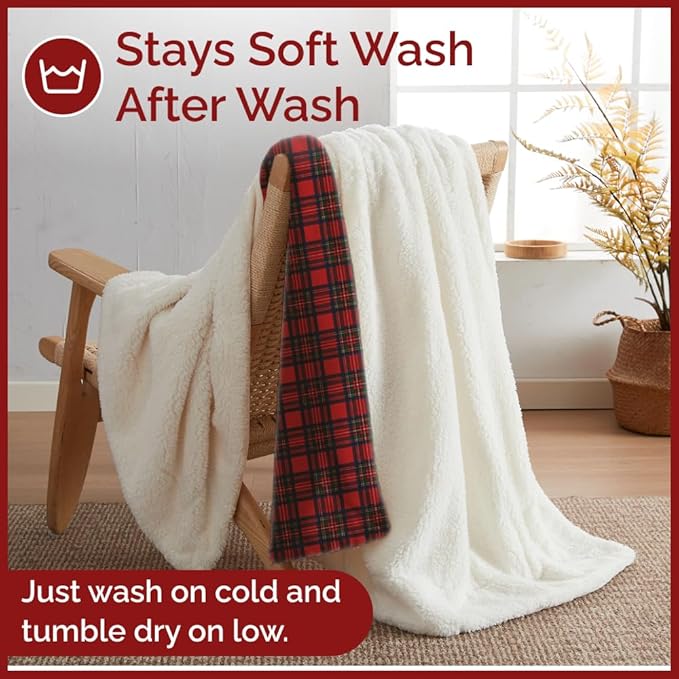 Christmas Sherpa Blanket Throw Size - Reversible Sherpa Fleece Blanket - Super Soft Double Sided Throw for Bed, Sofa, Couch - Thick, Warm, Cozy & Plush - Xmas Winter Bedding - Christmas Tartan, 50x60