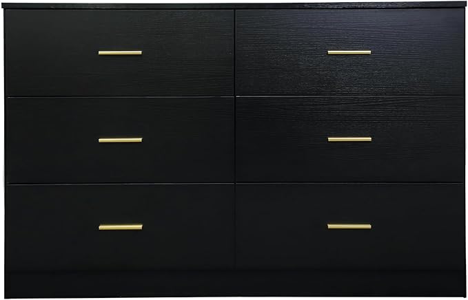 Modern 6 Drawer Dresser for Bedroom, Dresser Chest of Drawer with Large Drawers and Golden Handles, Wooden Dressers Drawer Storage Unit for Bedroom, Living Room or Closet (Black)