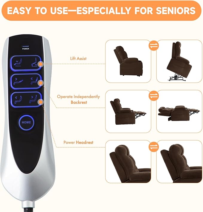 Triple Motor Large-Wide Power Lift Recliner Chair with Power Headrest for Big and Tall Elderly, Infinite Position, Massage Heat, Extend Footrest, USB, Cup Holder, Plush Flannel, Dark Brown