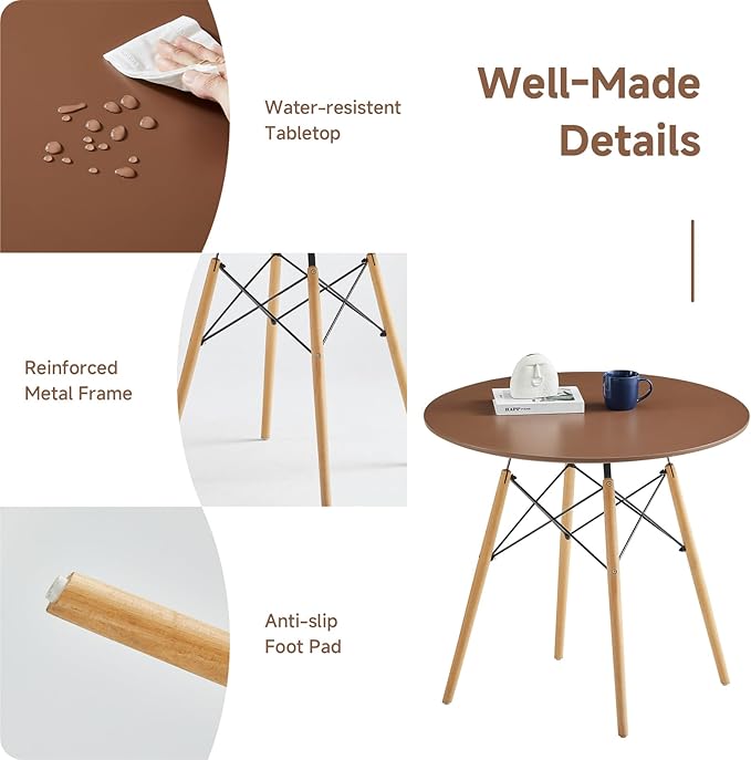 Round Dining Table Set for 4 35.5" Wood Dinner Table Circle Dining Table Kitchen Table Chairs Set of 4 with Wood Strip Base for Kitchen Living Room Space Saving Apartment(Brown)