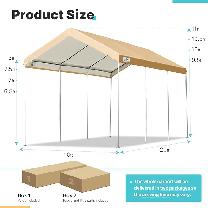ADVANCE OUTDOOR 10x20 ft Heavy Duty Carport Potable Car Canopy Garage Party Tent Boat Shelter, Adjustable Height from 9.5 ft to 11 ft, Beige