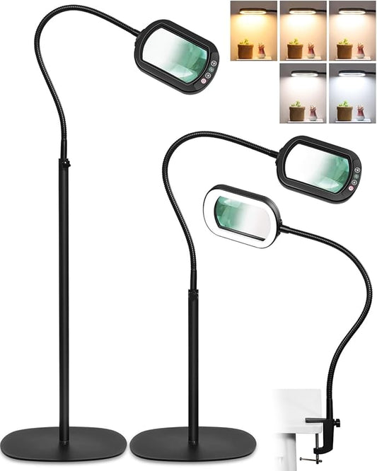 10X Rectangle Magnifying Glass with Light and Stand, 24" Flexible Gooseneck 3-in-1 Floor Lamp, 5 Color Modes Stepless Dimmable, LED Lighted Hands Free Magnifier for Reading Crafts Painting Close Work