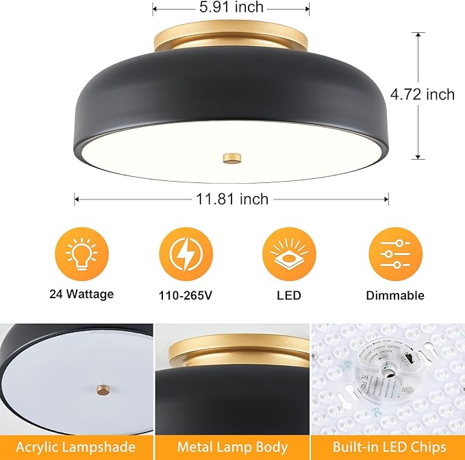 Dimmable LED Ceiling Light Fixture, 2700K-6000K 5CCT Modern Mid-Century Semi Flush Mount Ceiling Light, Black Close to Ceiling Lamp for Kitchen, Laundry Room, Bedroom, Hallway, 11.8in