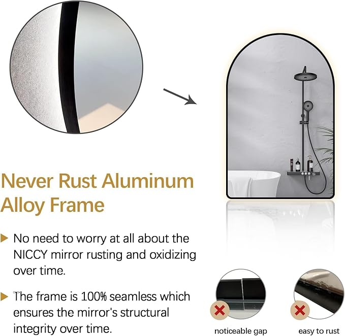 Niccy Arched LED Lighted Bathroom Mirror, 40x24 Inch Backlit Vanity Bathroom Mirror with Lights Brushed Black Framed Wall Mounted Mirrors with 3 Color Shatterproof Arch Smart Fog Free Mirror