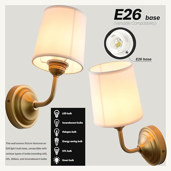 Vintage Fabric Wall Sconce with Funnel White Cloth Shade, E26 Hardwired Indoor 1-Light Wall Mounted Lamp Fixture for Living Room Bedroom Dining Room Hallway