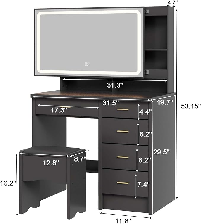 Makeup Vanity Desk with Mirror and Lights, Vanity Desk with 5 Drawers & Storage Shelves, Makeup Vanity Set with Cushioned Stool, 3 Modes Adjustable Sliding LED Mirror for Bedroom, Black