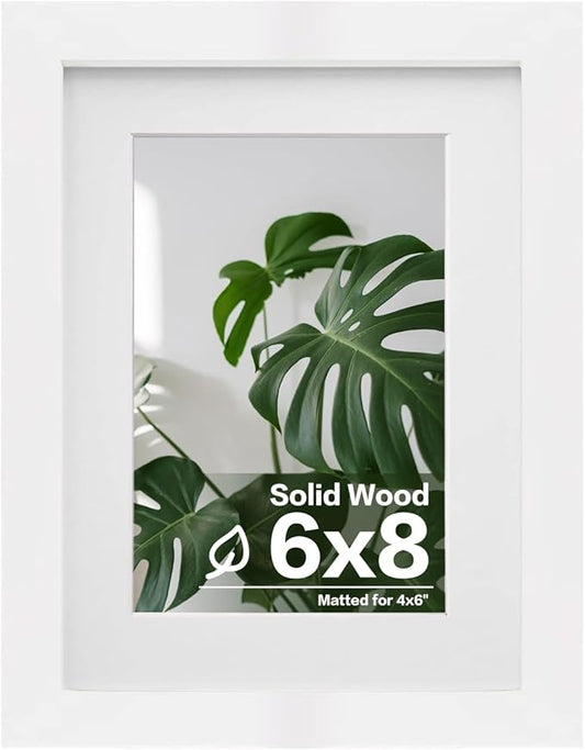 Egofine 6x8 Picture Frame Made of Solid Wood Covered by Plexiglass, Display Pictures 4x6 with Mat or 6x8 Without Mat for Table Top Display and Wall Mounting Photo Frame, White