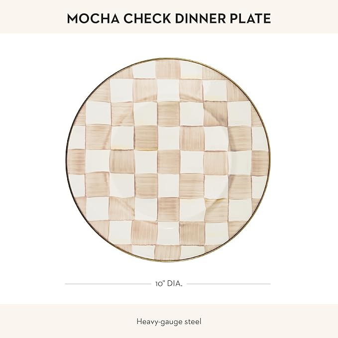 MACKENZIE-CHILDS Enamel Dinner Plate, Decorative Dinnerware Plate, 10 Inches, Brown-and-White Mocha Check