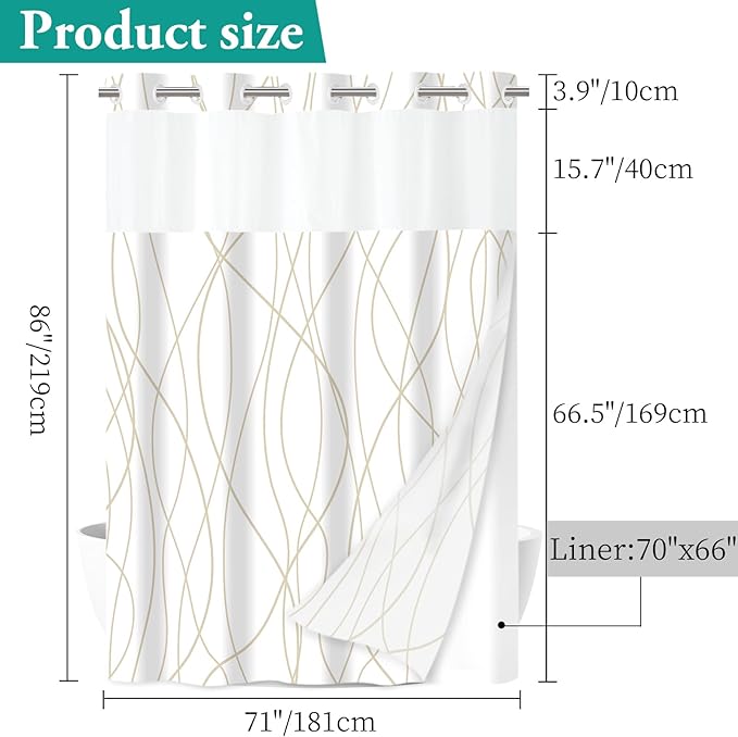 No Hook Beige Khaki Striped Long Shower Curtain with Snap in Fabric Liner Set - Hotel Shower Curtain and Liner Set with See Through Mesh Top Window,Machine Washable, 71x86 INCH