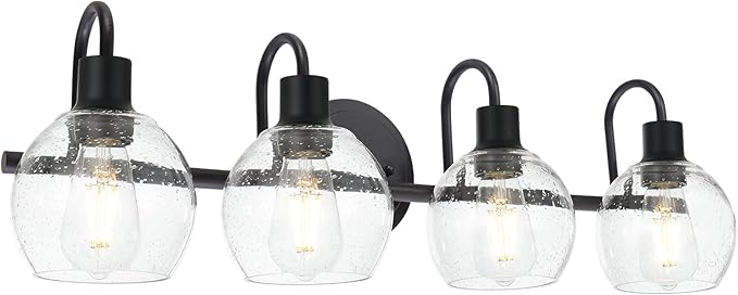 4-Lights Contemporary Bathroom Light Fixtures Over Mirror with Seeded Globe Glass Shades, Black Rustic Vanity Wall Lighting for Bedroom Dressing Cabinet