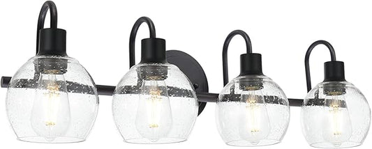 4-Lights Contemporary Bathroom Light Fixtures Over Mirror with Seeded Globe Glass Shades, Black Rustic Vanity Wall Lighting for Bedroom Dressing Cabinet
