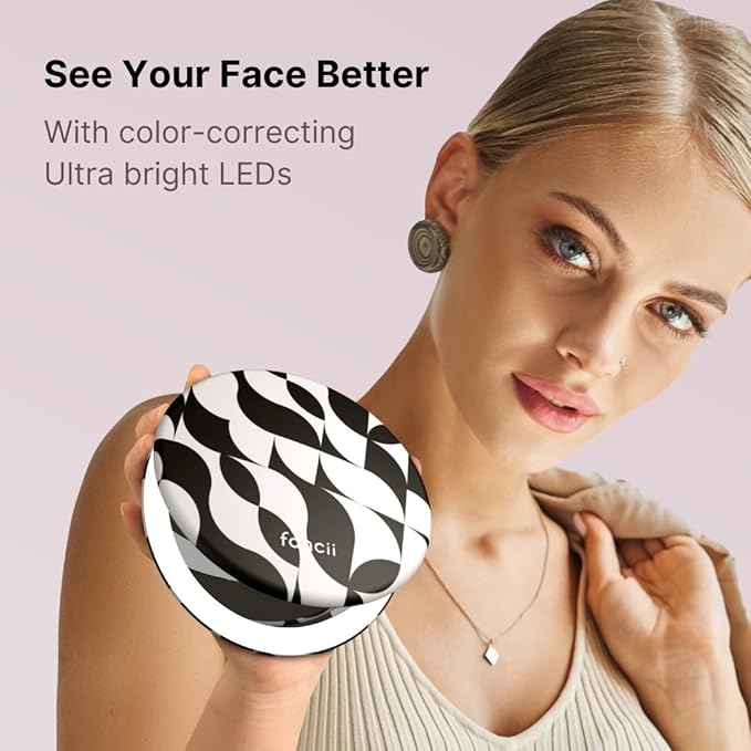 Fancii Taylor Compact Travel Makeup Mirror with Lights, 10x /1x Magnifying, Rechargeable, 3 Light Modes, Dimmable - Small Lighted Handheld Purse Mirror, Double Sided, for Gifts (Mellow Monochrome)