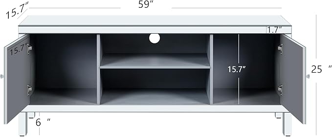 Goujxcy Mirrored TV Stand for 65+ inch TV,Sliver TV Console Table with Open Storage & 2 Storage Cabinets,Diamond Shape Mirror Doors for Living Room (B)