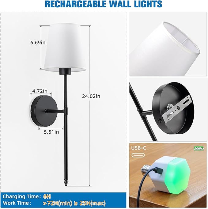 NIORSUN Battery Operated Wall Sconce Set of 2,Black Rechargeable Wall Lights with 5200mAh Dimmable Detachable Bulbs and Remote, 10 Colors Wireless Wall Lamps for Bedroom Living Room Hallway Decor