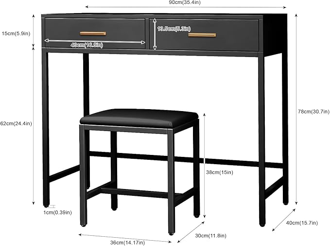 36" Vanity Desk, Small Makeup Vanity Desk with 2 Storage Drawers, Black Vanity Table for Girls Gifts, Bedroom Small Spaces