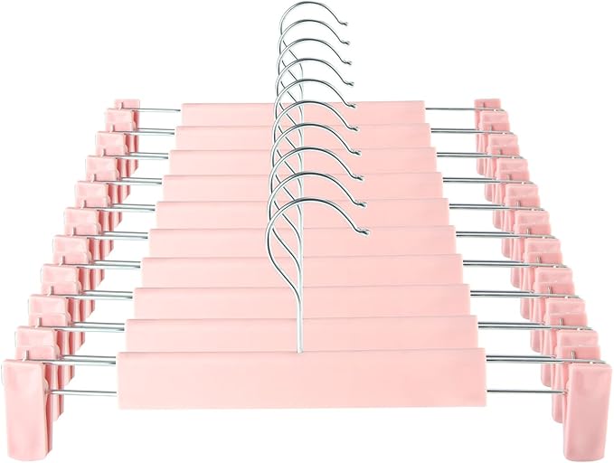Clothes Pants Hangers, Space-Saving Skirt Holders with 360 ° Swivel Hooks, Adjustable Clips, Trouser Hangers, Clothes Coat Garment Jeans Hangers (10 Pack, Pink)