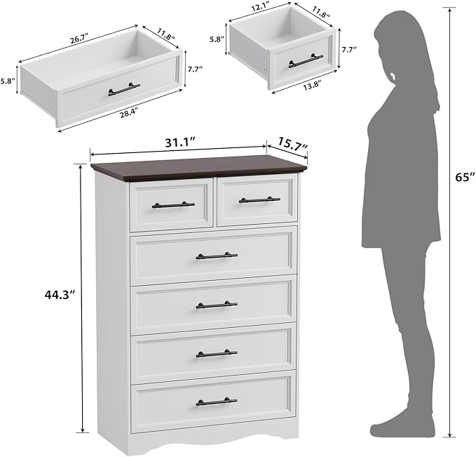 Farmhouse 6 Drawer Dresser, White Wood Chest of Drawers, 44" Tall Bedroom Storage Cabinet with Brushed Metal Handles, Closet Organizer for Bedroom, Living Room, Hallway