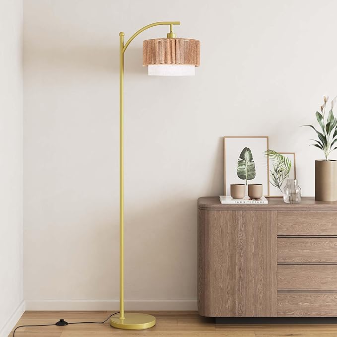 SUNMORY Floor Lamps for Living Room with 12W LED Bulb, Arc Floor Lamp with 3 Color Temperatures, Farmhouse Floor Lamps with Adjustable Rattan & Fabric Shades, Boho Standing Lamp for Bedroom, Corner