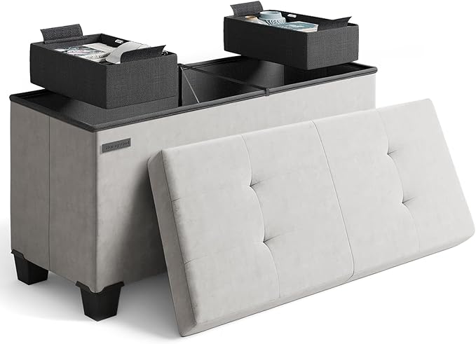 STORAGEBUD Storage Ottoman Bench with Bins, 30-in Storage Bench for Bedroom End of Bed, Folding Foot Rest Ottoman for Living Room Max 660lbs, Velvet Ottomans, Light Grey