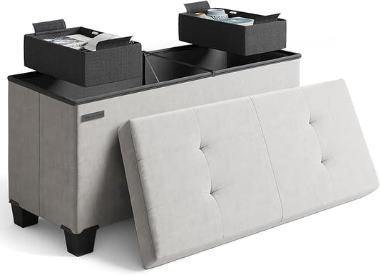 STORAGEBUD Storage Ottoman Bench with Bins, 30-in Storage Bench for Bedroom End of Bed, Folding Foot Rest Ottoman for Living Room Max 660lbs, Velvet Ottomans, Light Grey
