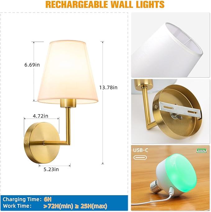 NIORSUN 13.8 inch Battery Operated Wall Sconce Set of 2,Gold Rechargeable Wall Lights with 5200mAh Dimmable Detachable Bulbs and Remote,9 Colors Wireless Sconces for Bedroom Living Room Hallway