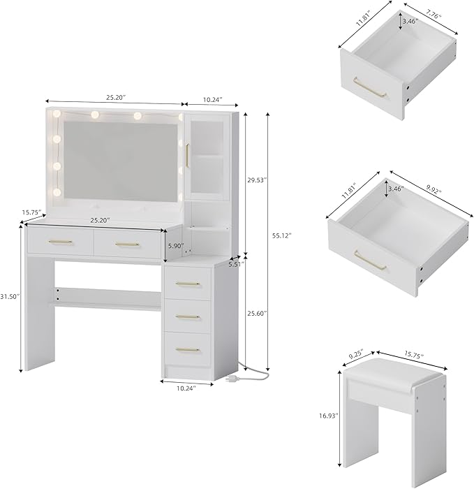 Makeup Vanity with Lights & Charging Station, White Vanity Table with 5 Drawers & Open Storage Shelves ， Bedroom Makeup Dressing Table Set for Women Girls