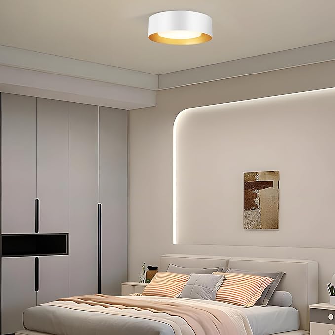 Vikaey Modern Mid Century Flush Mount Ceiling Light, 2-Light Minimalist Round Close to Ceiling Light Fixture, White Drum Ceiling Lamp with Glass Lampshade for Bedroom, Hallway, Kitchen, 12.5in