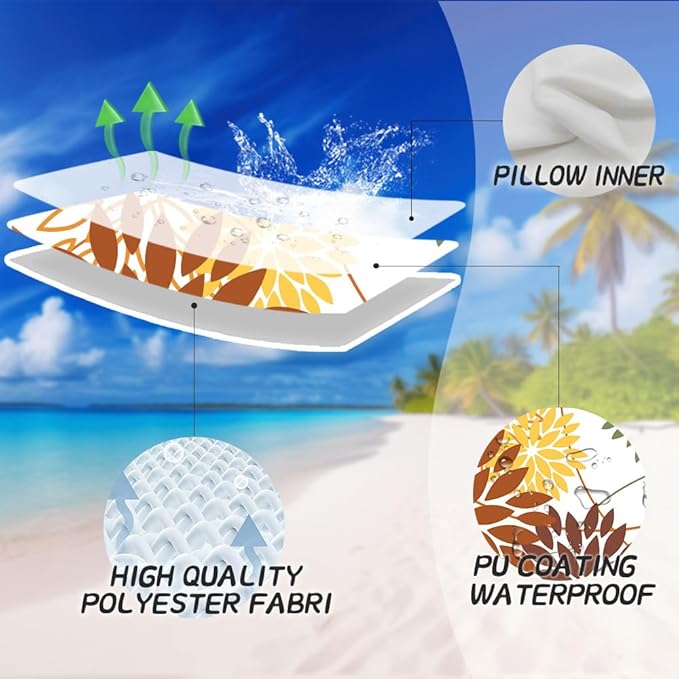 Brown and Yellow Floral Pillow Covers 18x18 Set of 2 Outdoor Waterproof Decorative Throw Pillows Summer Pillow Covers Polyester Cushion Case Decor for Couch Patio Funiture Garden Porch 011E18