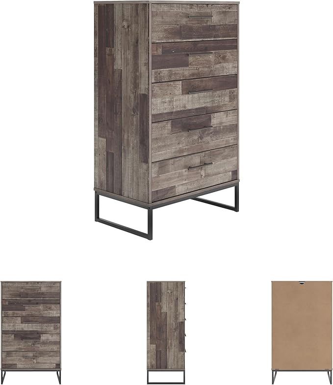 Signature Design by Ashley Neilsville Industrial 5 Drawer Chest of Drawers with Smooth-Gliding Drawers and Safety Stop, Gray