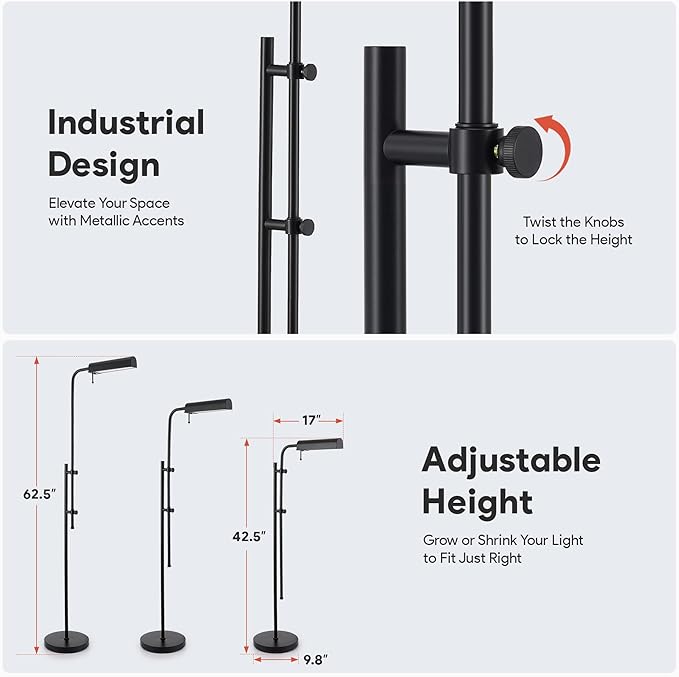 VONLUCE LED Floor Lamp, 62.5" Industrial Floor Lamp for Living Room with Adjustable Height Swing Arm Head 3 Color Temperatures, Metal Standing Pole Lamp for Bedroom Reading, Black