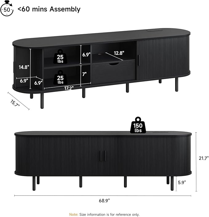 69" TV Stand with Power Outlet for TVs up to 80", Entertainment Center with Storage and Drawer, TV Console with Adjustable Shelves and Sliding Door, TV Stand for Living Room, Bedroom, Black