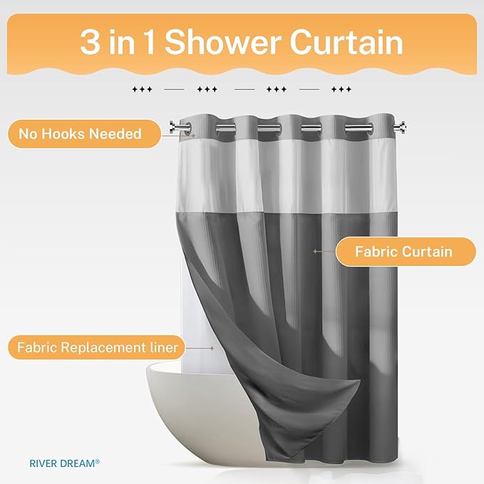 River Dream Heavyweight Grey No Hooks Required Dotted Waffle Weave Shower Curtain with Snap in Liner - 71W x 74H,Hotel Grade,Spa Like Bath Curtain,Gray