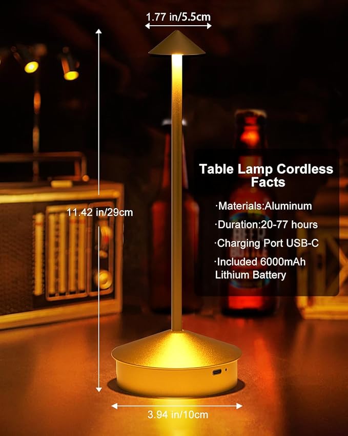 Modern Cordless Table Lamp, 6000mAh Rechargeable Table Lamps, Portable Touch LED Lamp, Outdoor Waterproof Dimmable Cordless Rechargeable Table Lamps for Restaurant/Patio/Outdoor (1 Pcs Gold)