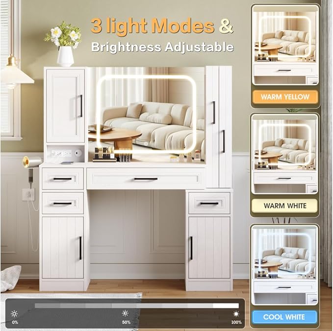 Maupvit Makeup Vanity with Lighted Mirror & Power Strip, Large Vanity Desk with Sliding Jewelry Storage Shelves, 4 Drawers, 3 Cabinets & Hairdryer Rack, 3 Lighting Modes, Bedroom Dressing Table,White