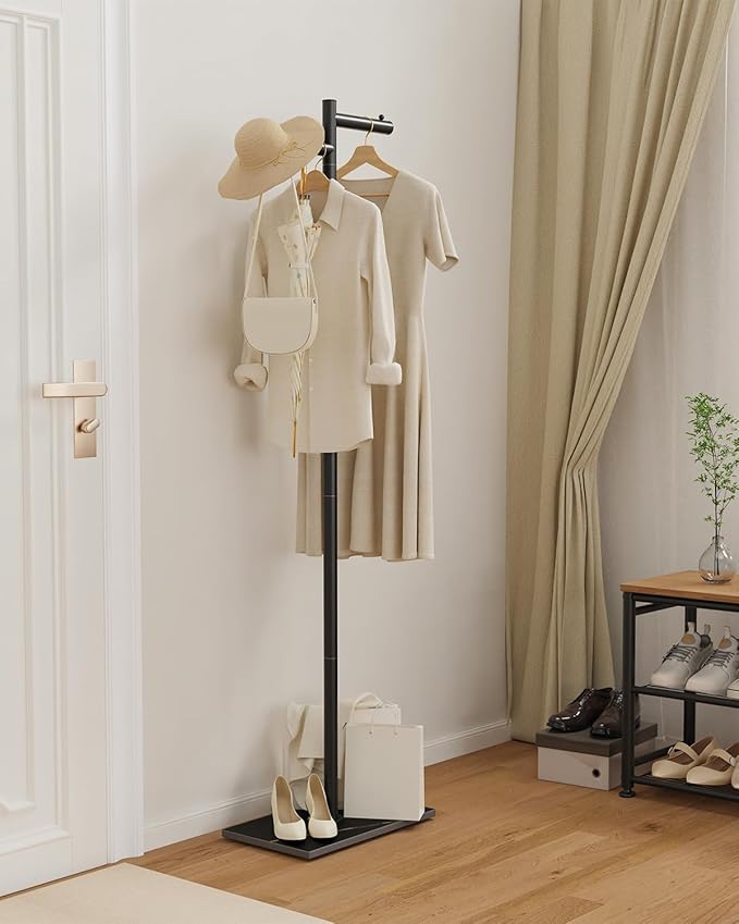 Garment Rack, Freestanding Metal Coat Racks, Z-shaped Coat Tree with Natural Rock Base, for Bedroom, Office, Hallway, Entryway, Living Room, 68.9in, Black