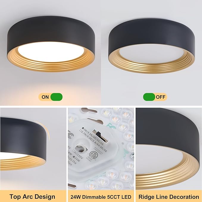 Dimmable Flush Mount Ceiling Light,Round 11.81 inch LED Ceiling Light,Modern Black with Gold Inside Lighting,24W 5CCT 3000K-6500K Selectable for Laundry Room Hallway Kitchen