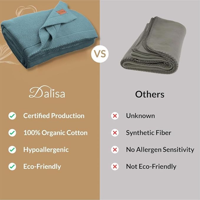 Dalisa 100% Organic Turkish Cotton Throw Blanket - GOTS Certified, Cozy - Perfect for Couch, Bed, and Home Decor - Boho Vintage Knit Alina (Smoke Blue, 80x90)