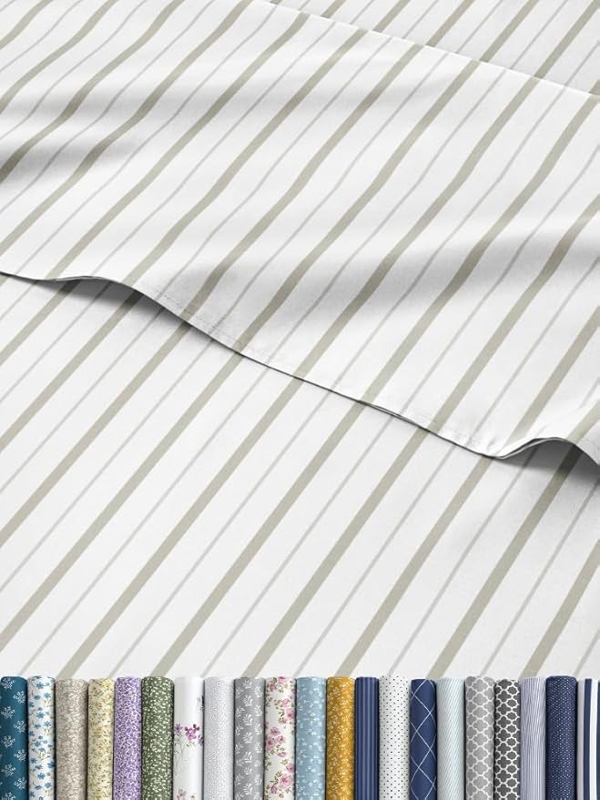 Striped Sheets - Light Grey & White Striped Sheets - 1 Flat & 1 Fitted & 2 Pillowcases w/ Deep Pockets – Wrinkle & Fade Free - Soft, Breathable & Cooling – Luxury Pinstripe Bedding - King Size Bed Set