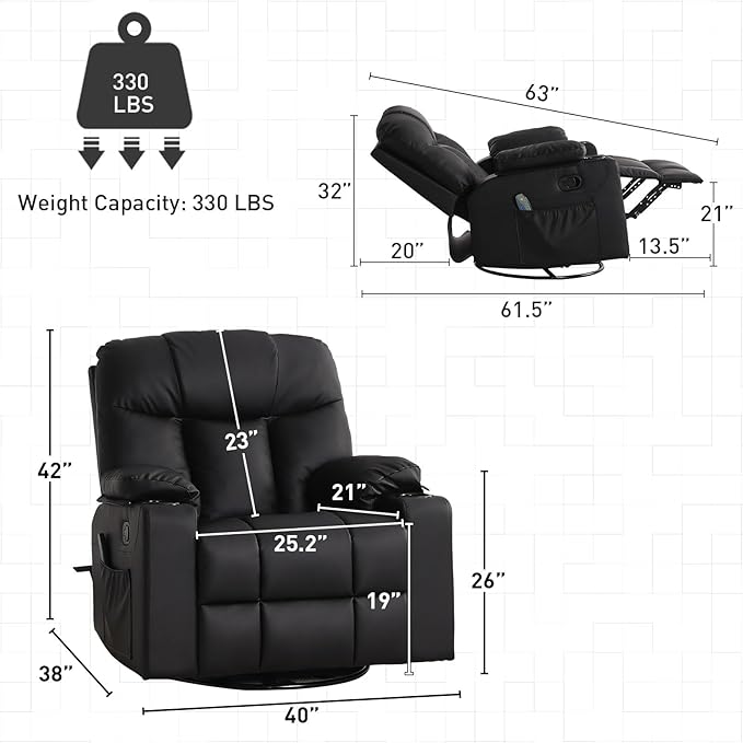 Bonzy Home Oversized Swivel Rocker Recliner, 40" Rocking Recliner Chair with Heated and Massage, PU Leather Single Sofa with Swivel Function, 2 Cup Holders for Living Room Bedroom, Black