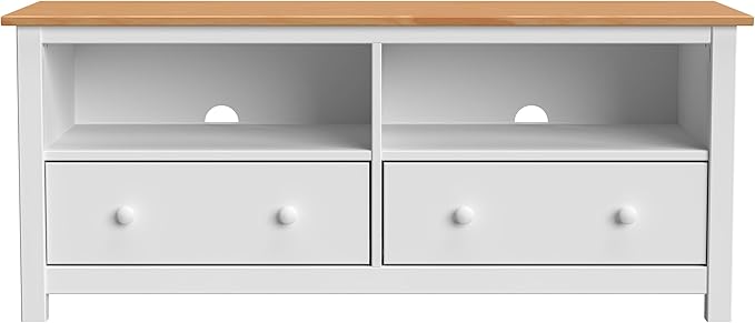 Handcrafted Solid Oak TV Stand Entertainment Center - Elegant White/Pine Media Console with Spacious Storage Drawers & Open Shelves - Sturdy Wood Cabinet Fits TVs up to 55 Inches