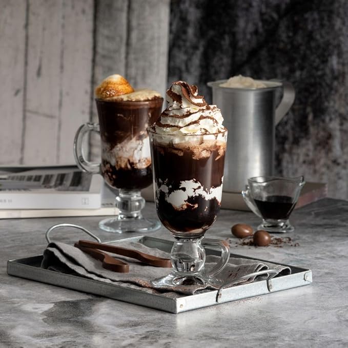 Irish Coffee Mugs | Set of 2 | Glass Hot Chocolate Mugs with Handle, Footed Hot Toddy and Cappucino Cup, Hot Beverages Gift, 8 oz