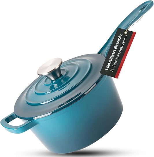 Hamilton Beach Enameled Cast Iron Sauce Pan 2-Quart Navy, Cream Enamel coating, Pot For Stove top and Oven Cooking, Even Heat Distribution, Safe Up to 400 Degrees, Durable