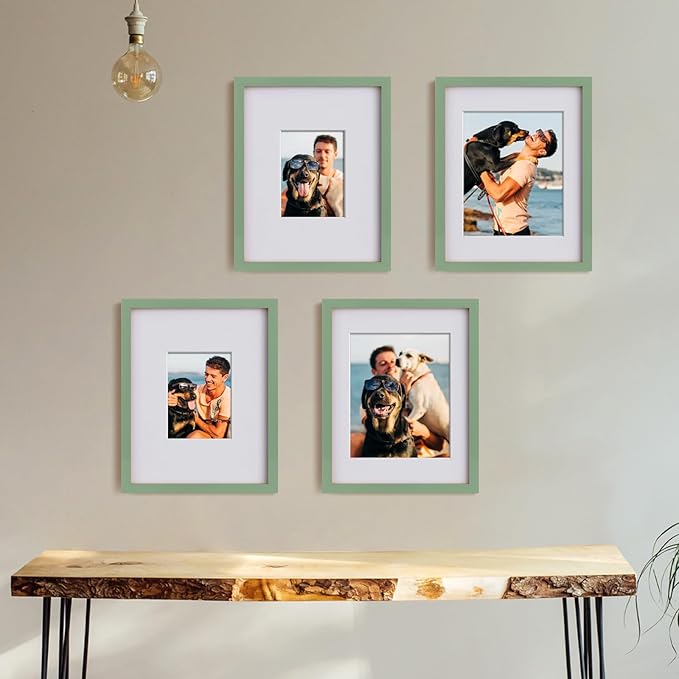 Egofine 11x14 Picture Frame Made of Solid Wood Covered by Plexiglass, Display Pictures 5x7/8x10 with Mat or 11x14 Without Mat for Table Top Display and Wall Mounting Photo Frame, Green