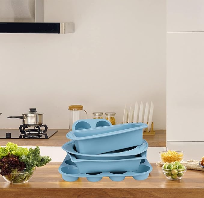 7in1 Silicone Bakeware Baking Set, Kitchen Bake Pans Molds Tray for Oven with BPA Free Round/Square Cake Pan, Loaf Pan, Muffin Pan for Bread Pizza Cheesecake Cupcake Pie Desserts