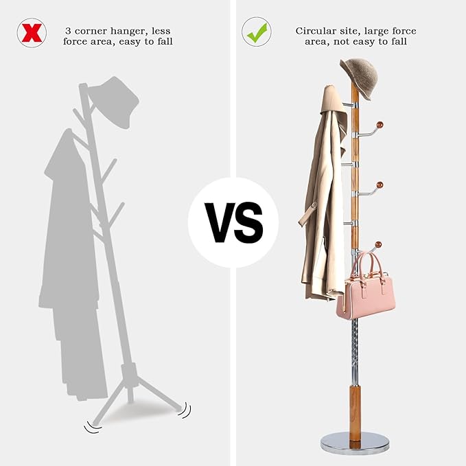 Coat Rack Freestanding, Wooden Tree Coat Rack Stand with 3 Adjustable Sizes Coat Tree and 14 Hooks, Sturdy Hall Tree with Solid Round Base for Entryway, Hallway,Bedroom (Solid Wood Metal Hook)